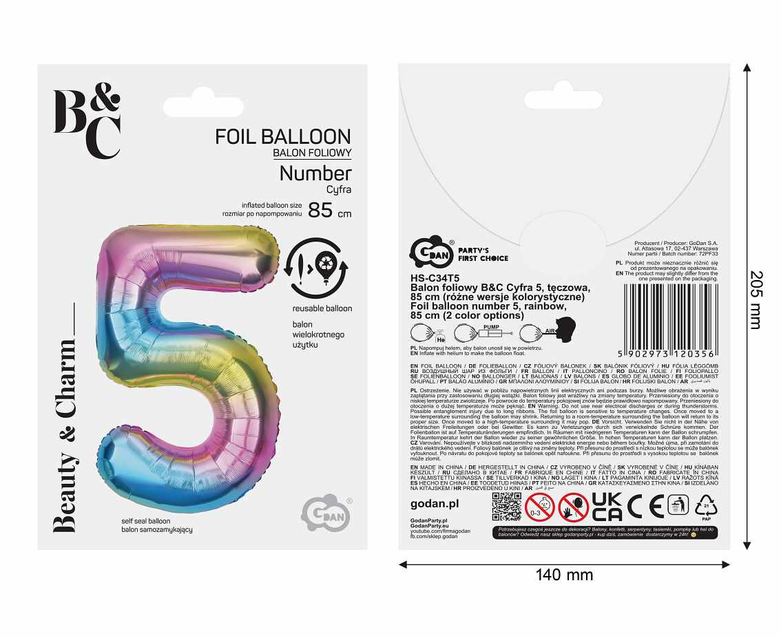 Foil balloon number 5, rainbow, 85 cm